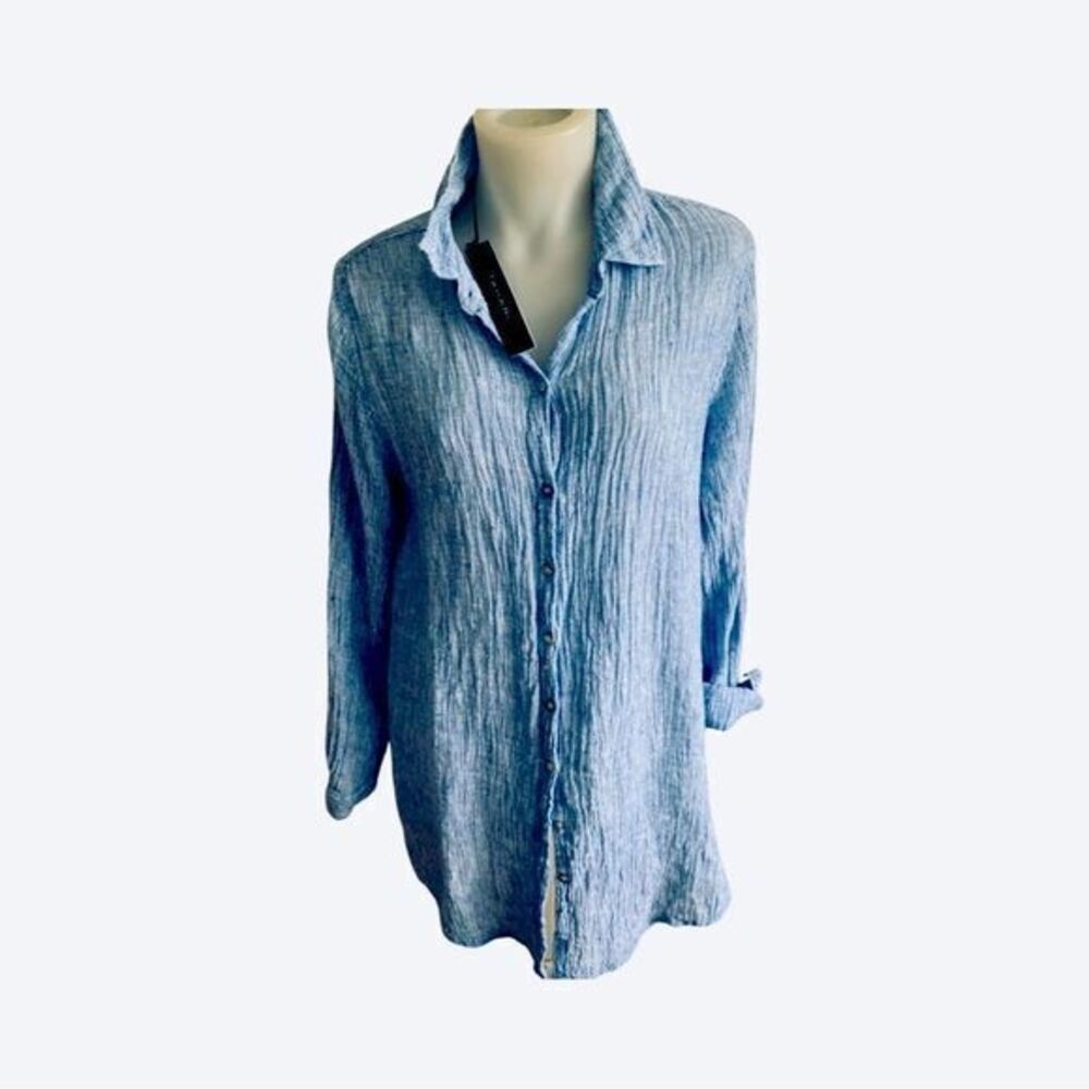 Tahari Linen Long shirt - S blue white striped , NWT